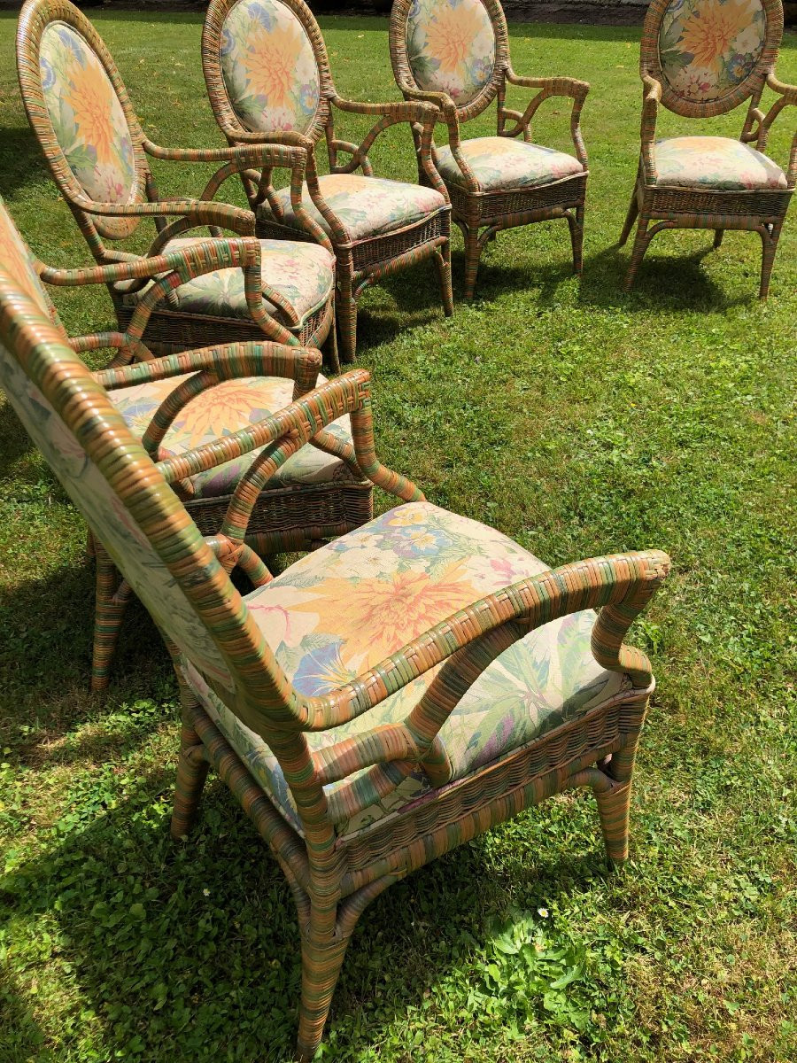 Set Of 6 Garden Or Veranda Armchairs In Rislan And Floral Fabric -photo-3
