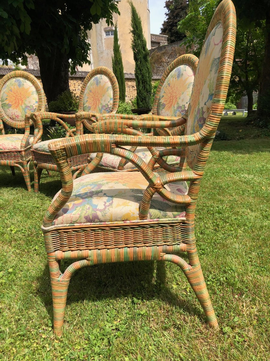 Set Of 6 Garden Or Veranda Armchairs In Rislan And Floral Fabric -photo-4