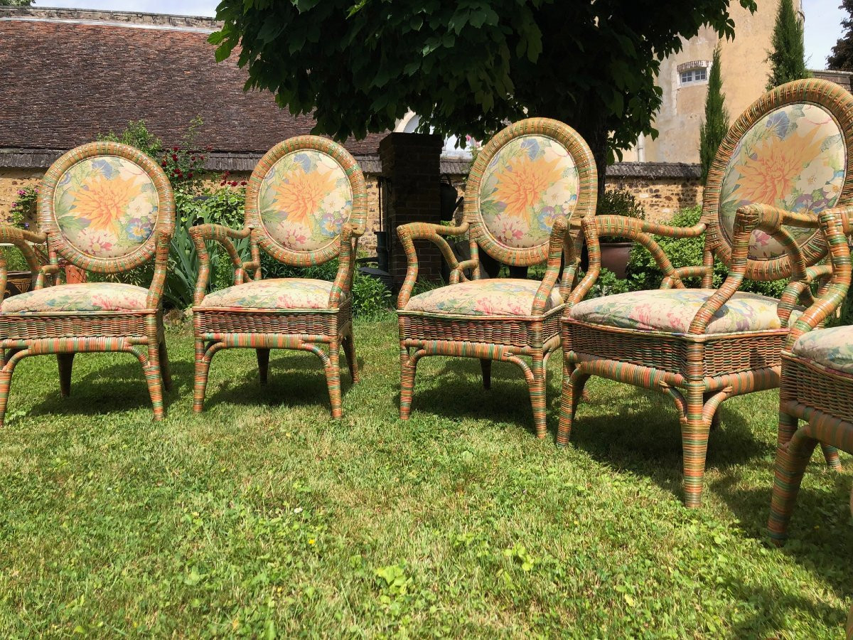 Set Of 6 Garden Or Veranda Armchairs In Rislan And Floral Fabric -photo-5