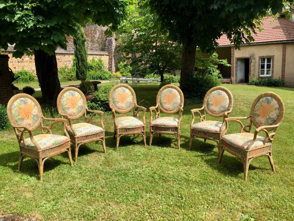 Set Of 6 Garden Or Veranda Armchairs In Rislan And Floral Fabric 
