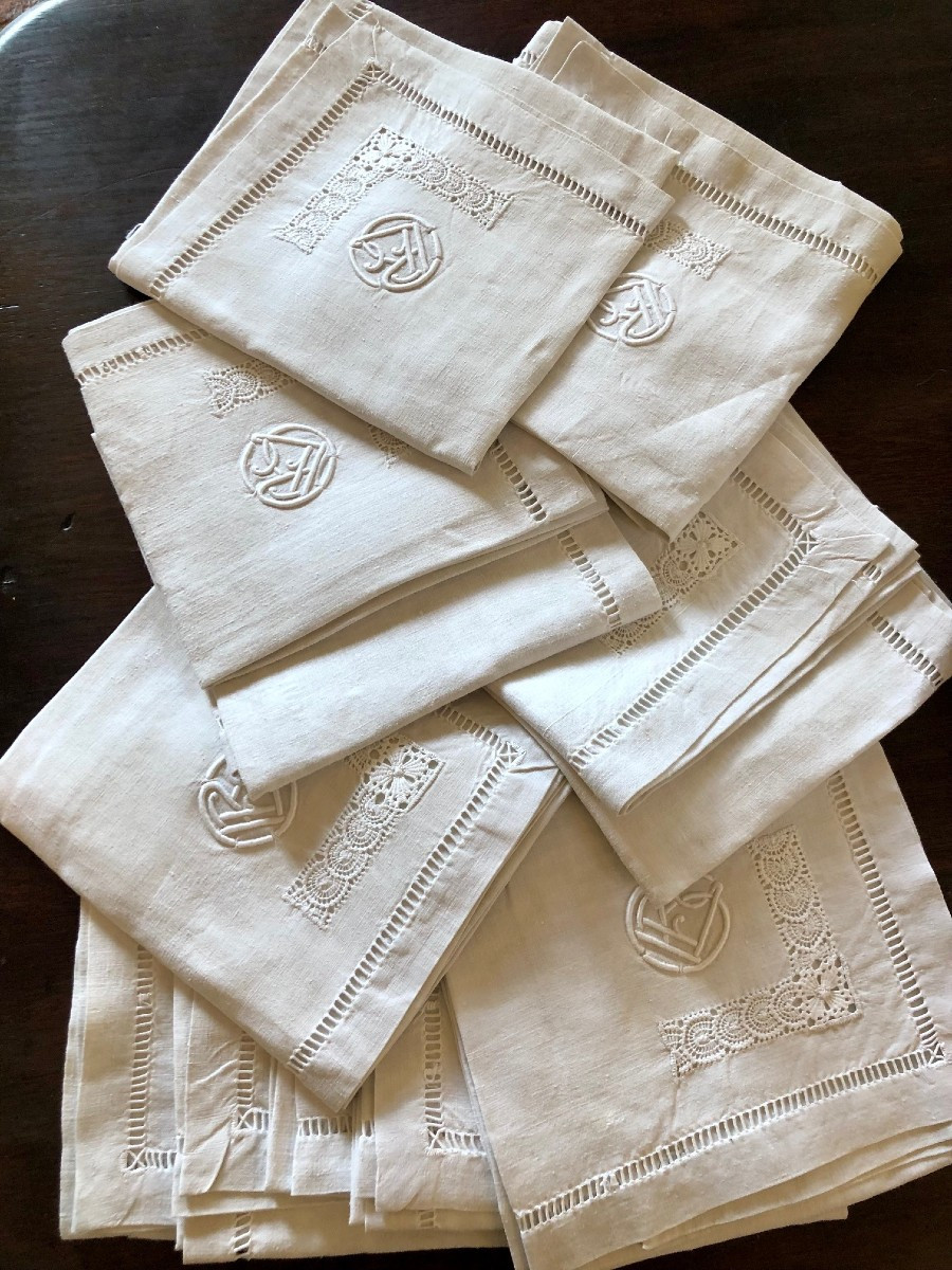 Set Of 12 19th Century Embroidered Linen Napkins