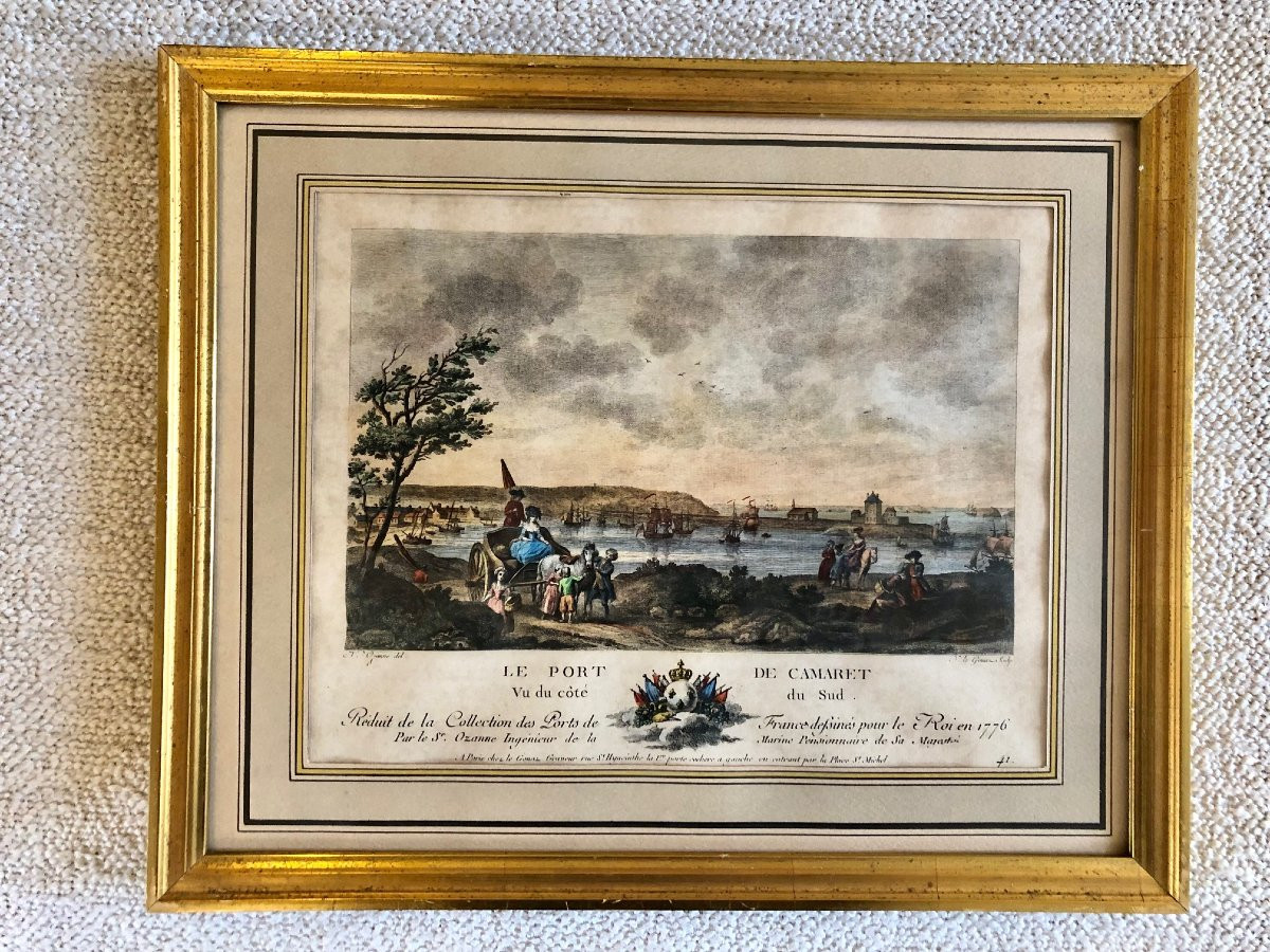 3 18th Century Color Engravings, Reduced From The "collection Of Ports Of France" -photo-3