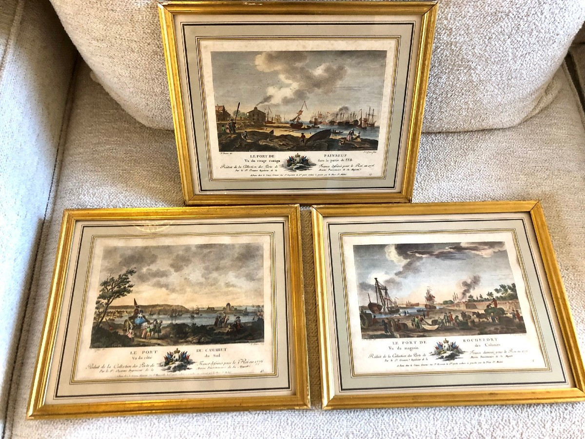 3 18th Century Color Engravings, Reduced From The "collection Of Ports Of France" 