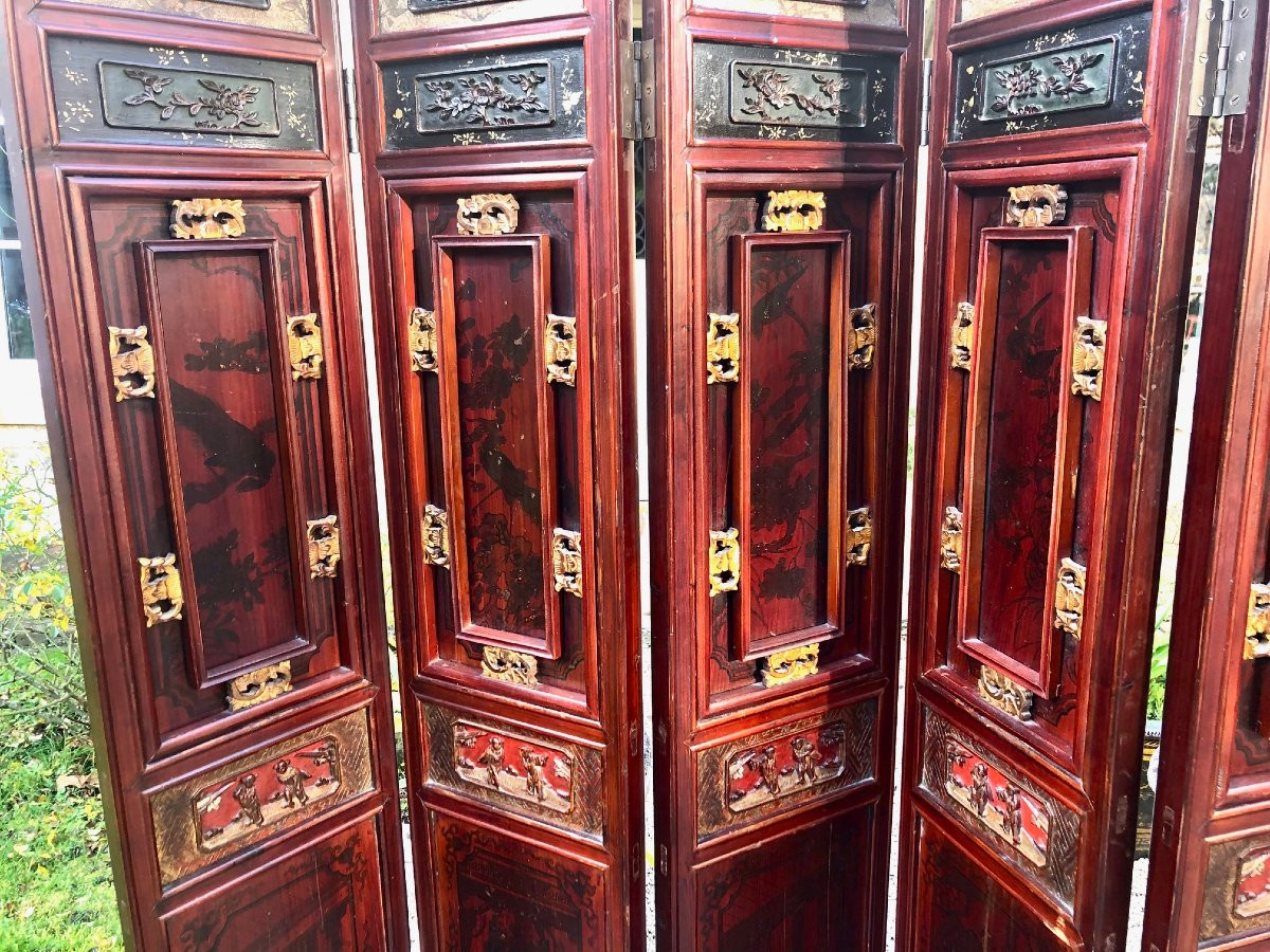 grand paravent en bois sculpté et laqué 7 feuilles, Chine XIXe -photo-3