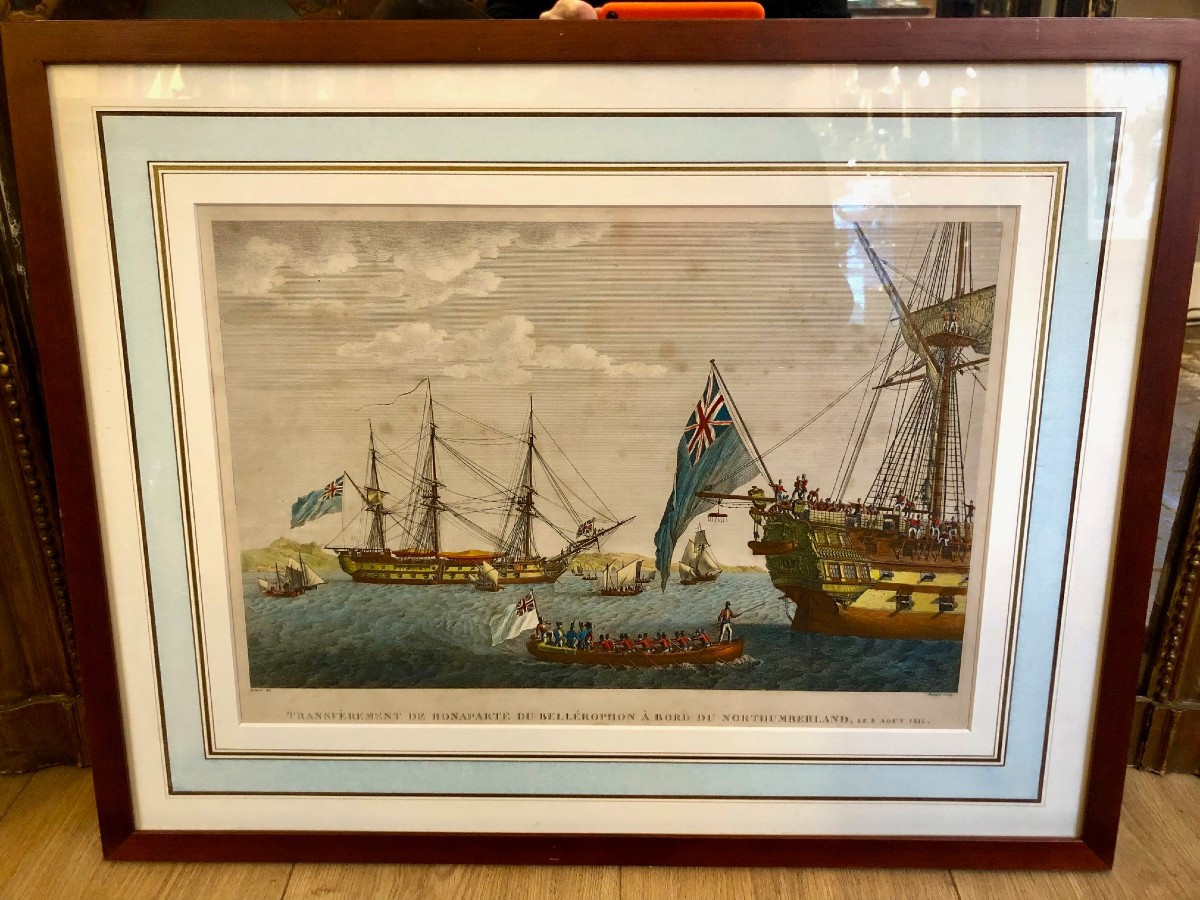 gravure marine XIXe en couleur, "transfèrement de Bonaparte.." bien encadrée