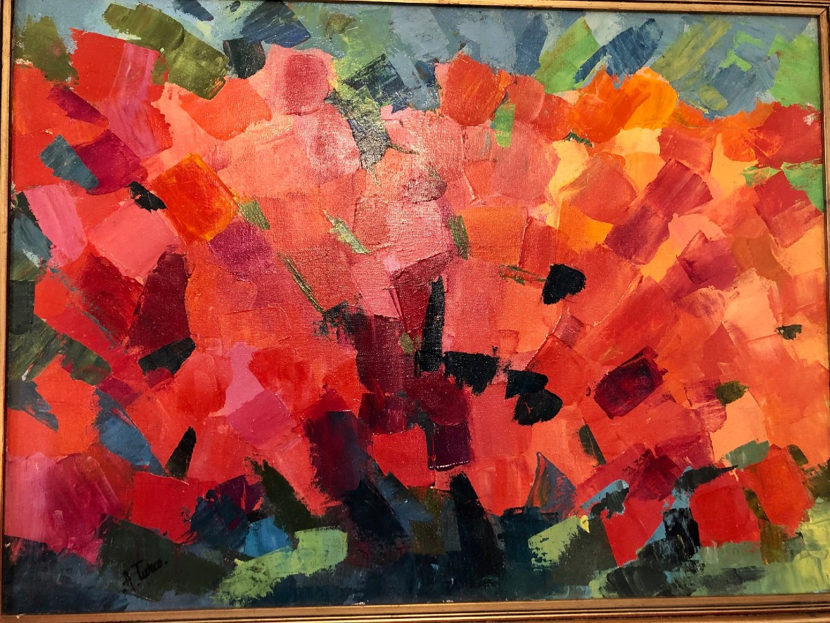 André TURCO (1913-2000) tulipes en Hollande, Huile sur toile encadrée -photo-1