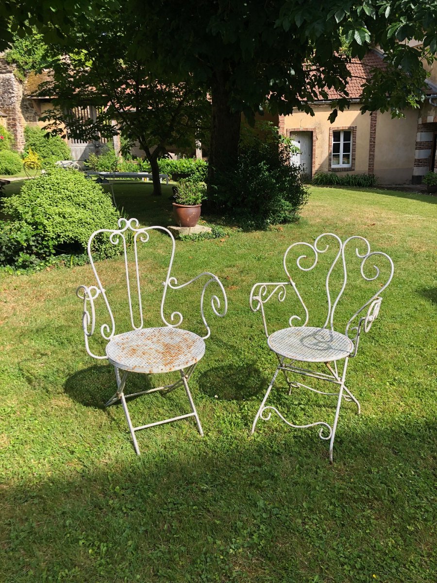 fausse paire de fauteuils de jardin, fer forgé début XXe -photo-2