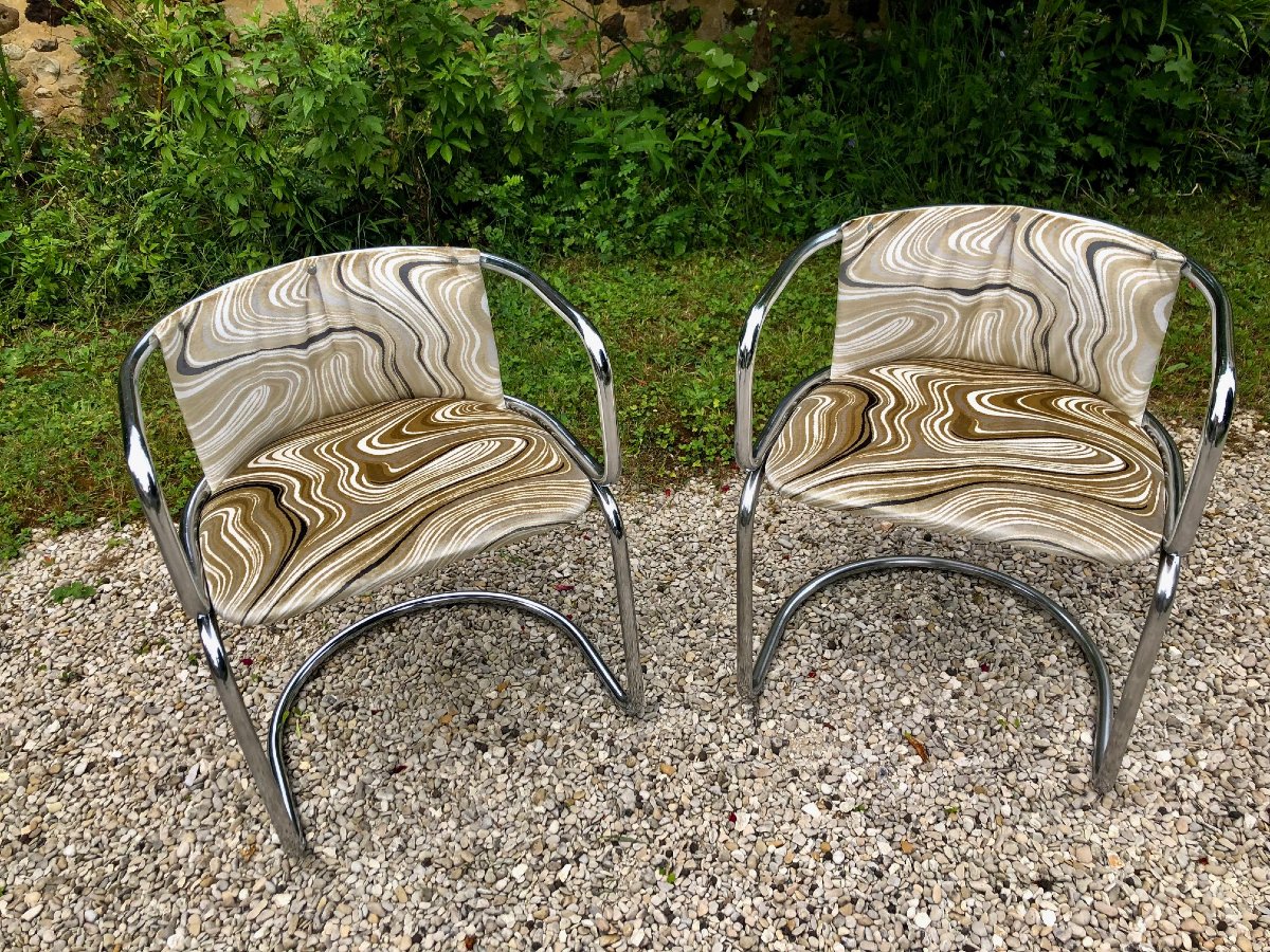 paire de chaises "canteliver" en métal chromé, forme gondole, années 70-photo-2