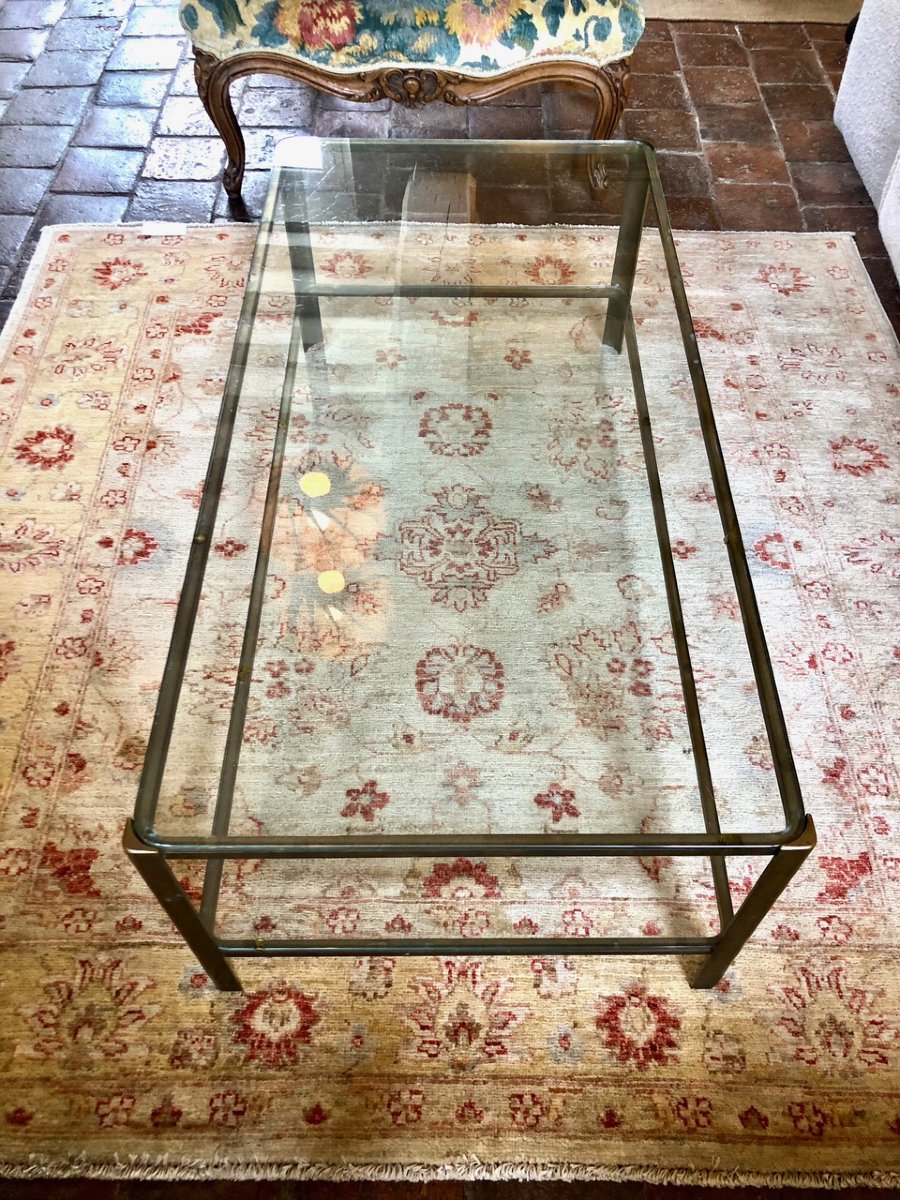 Jacques QUINET pour Maison Malabert table basse bronze, 2 plateaux verre-photo-1