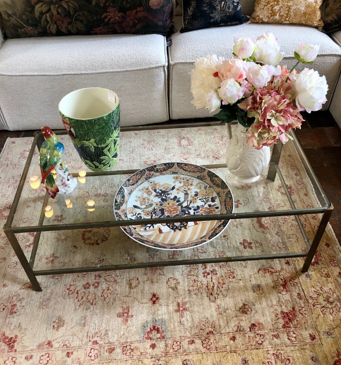 Jacques QUINET pour Maison Malabert table basse bronze, 2 plateaux verre