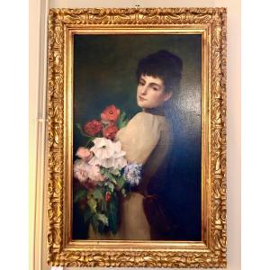 Harriet Harrisson XIXe (attribué à) : Grande Huile Sur Toile : Femme Au Bouquet De Fleurs 