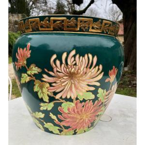 Grand Cache Pot Creil Et Montereau Décor Floral émaillé