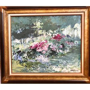 fleurs en sous-bois" grande huile sur toile Michel MOREAU XXe