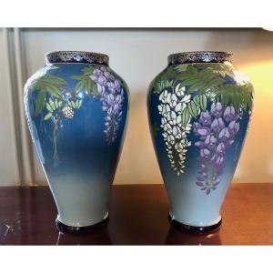 Pair Of Boch Keramis Vases Decorated With Wisteria