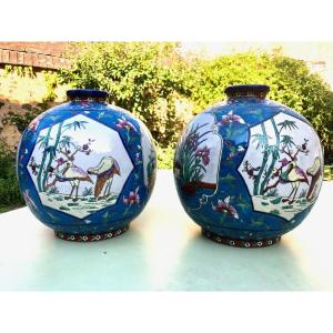 Paire De Vases Boules La Louvière En Céramique émaillée époque Art Déco 