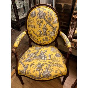 Fauteuil Médaillon XIXe Estampillé, Retapissé Toile De Jouy 