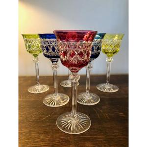 6 Wine Glasses On Val Saint Lambert Stand, Cut Crystal Assorted Colors