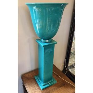 Lampe Vasque Et Colonne Art Déco En Céramique émaillée Turquoise 