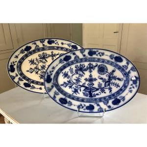 2 Large Oval Dishes Dresden Onion Decor (meissen) Villeroy And Boch 19th Century 