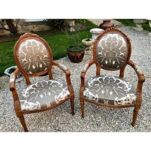 Pair Of Louis XVI Style Medallion Armchairs Natural Wood, Gray Silk Fabric Foliage Pattern 