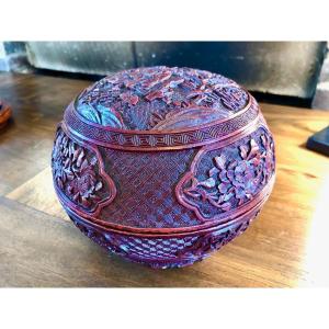 Large Spherical 19th Century Cinnabar Lacquer Box Diam 18.5 Cm