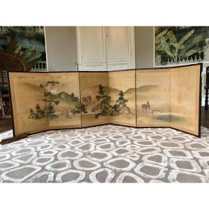Japanese Byobu Screen With 6 Leaves, Decor Of Deer And Pines On A Gold Background, Early 20th Century 