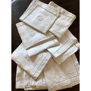 Set Of 12 19th Century Embroidered Linen Napkins