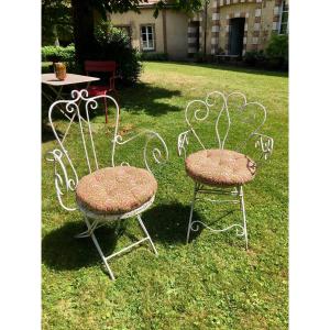 fausse paire de fauteuils de jardin, fer forgé début XXe