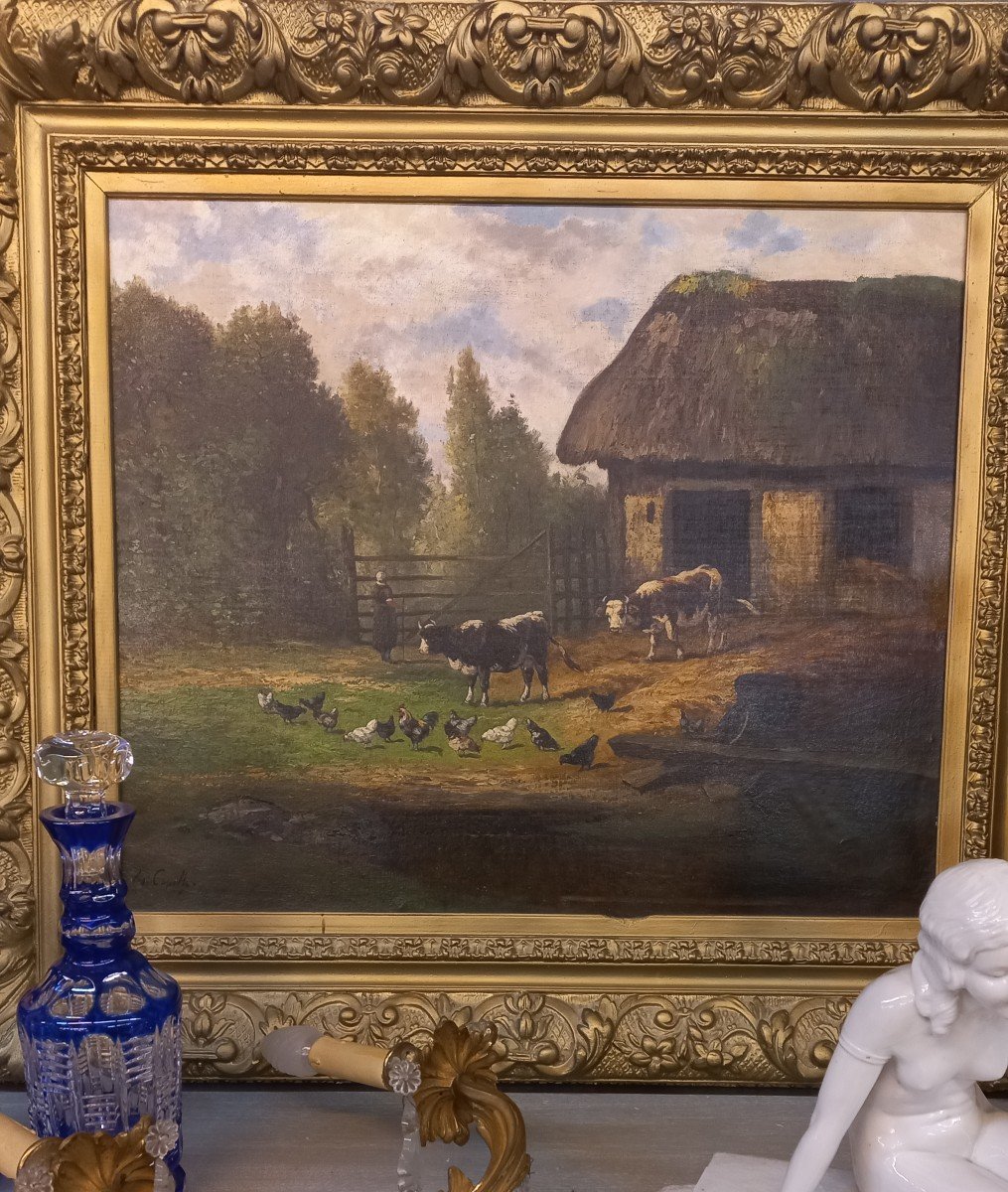 Tableau Basse Cour Eugène Capelle 19 ème 
