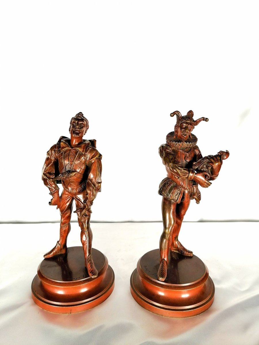 Pair Of Bronze Statues XIXth Century Comedia Dell'arte, Alfred Barye