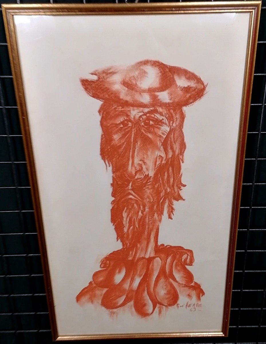 Tableau Pastel Portrait Don Quichotte René Herpe 1969