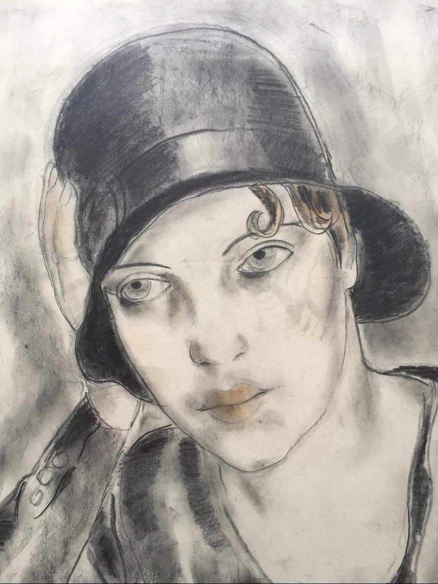 Zygmunt Szpingier (1901-1960). Portrait Of A Boyish Woman, Circa 1920. Framed Drawing.-photo-5