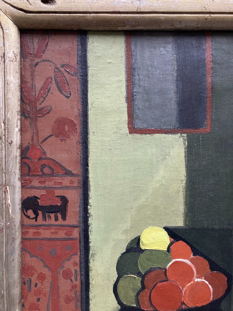 Cubist School Around 1940. Interior With Fruit Vase. Oil On Canvas.-photo-2