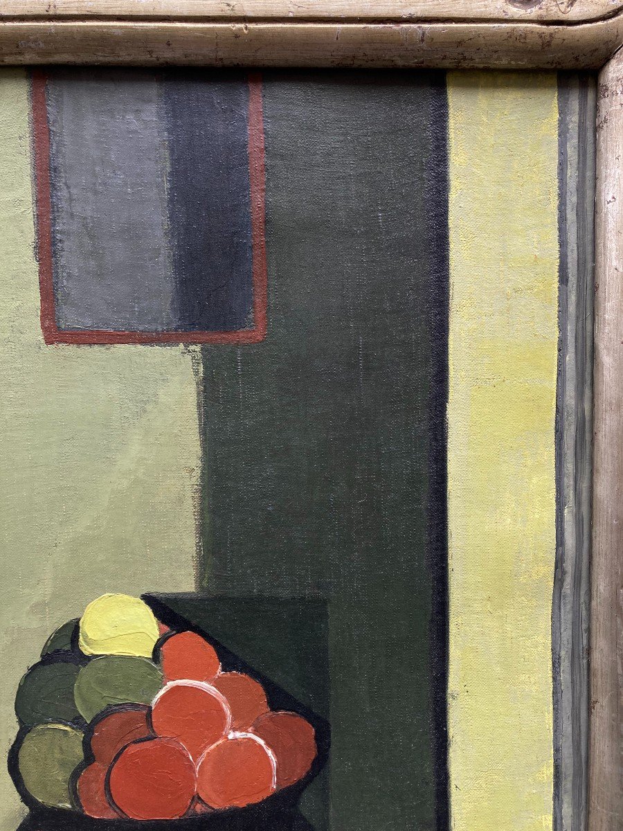 Cubist School Around 1940. Interior With Fruit Vase. Oil On Canvas.-photo-3
