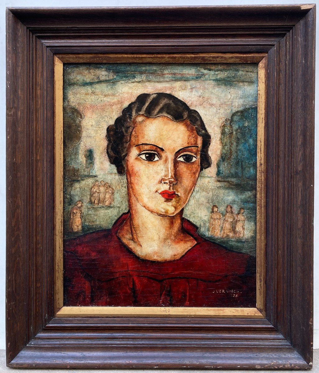 John Vervisch (1896-1977). Portrait Of Woman With Naiads, 1938. Oil On Panel, Signed, Dated.-photo-2