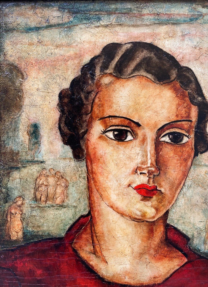 John Vervisch (1896-1977). Portrait Of Woman With Naiads, 1938. Oil On Panel, Signed, Dated.-photo-2