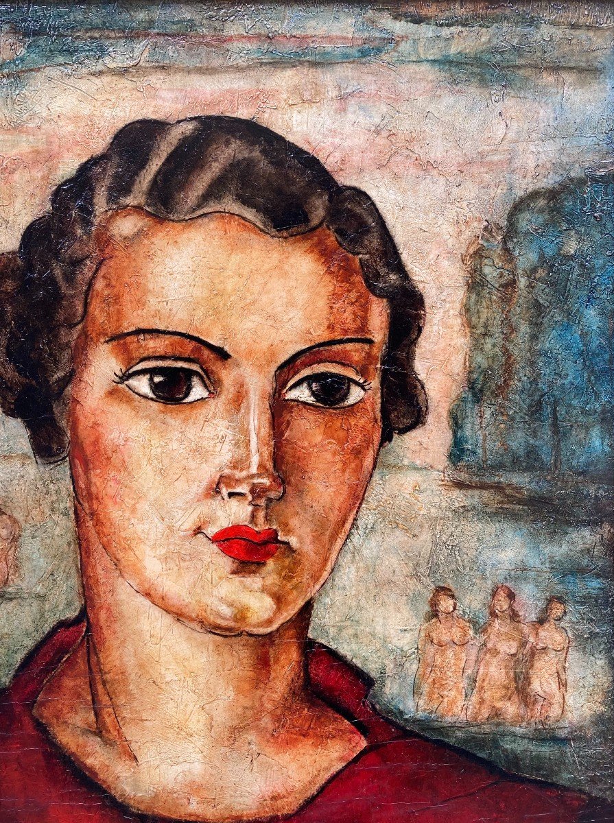 John Vervisch (1896-1977). Portrait Of Woman With Naiads, 1938. Oil On Panel, Signed, Dated.-photo-3
