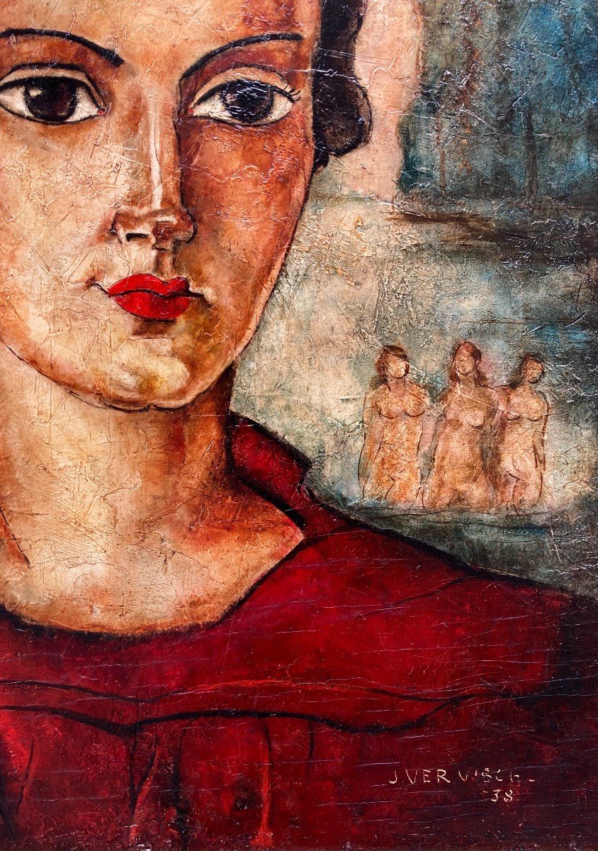 John Vervisch (1896-1977). Portrait Of Woman With Naiads, 1938. Oil On Panel, Signed, Dated.-photo-4