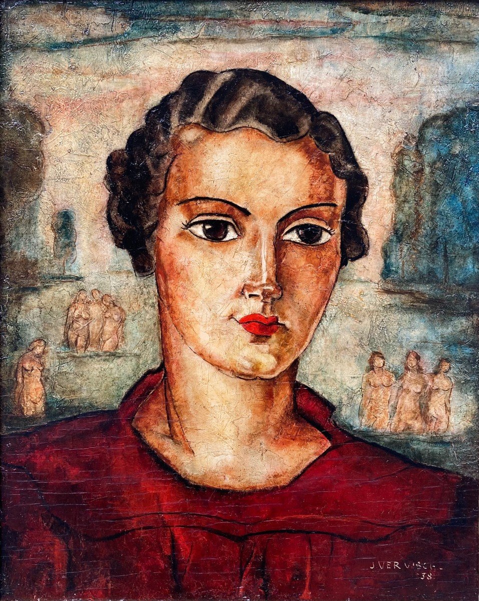 John Vervisch (1896-1977). Portrait Of Woman With Naiads, 1938. Oil On Panel, Signed, Dated.