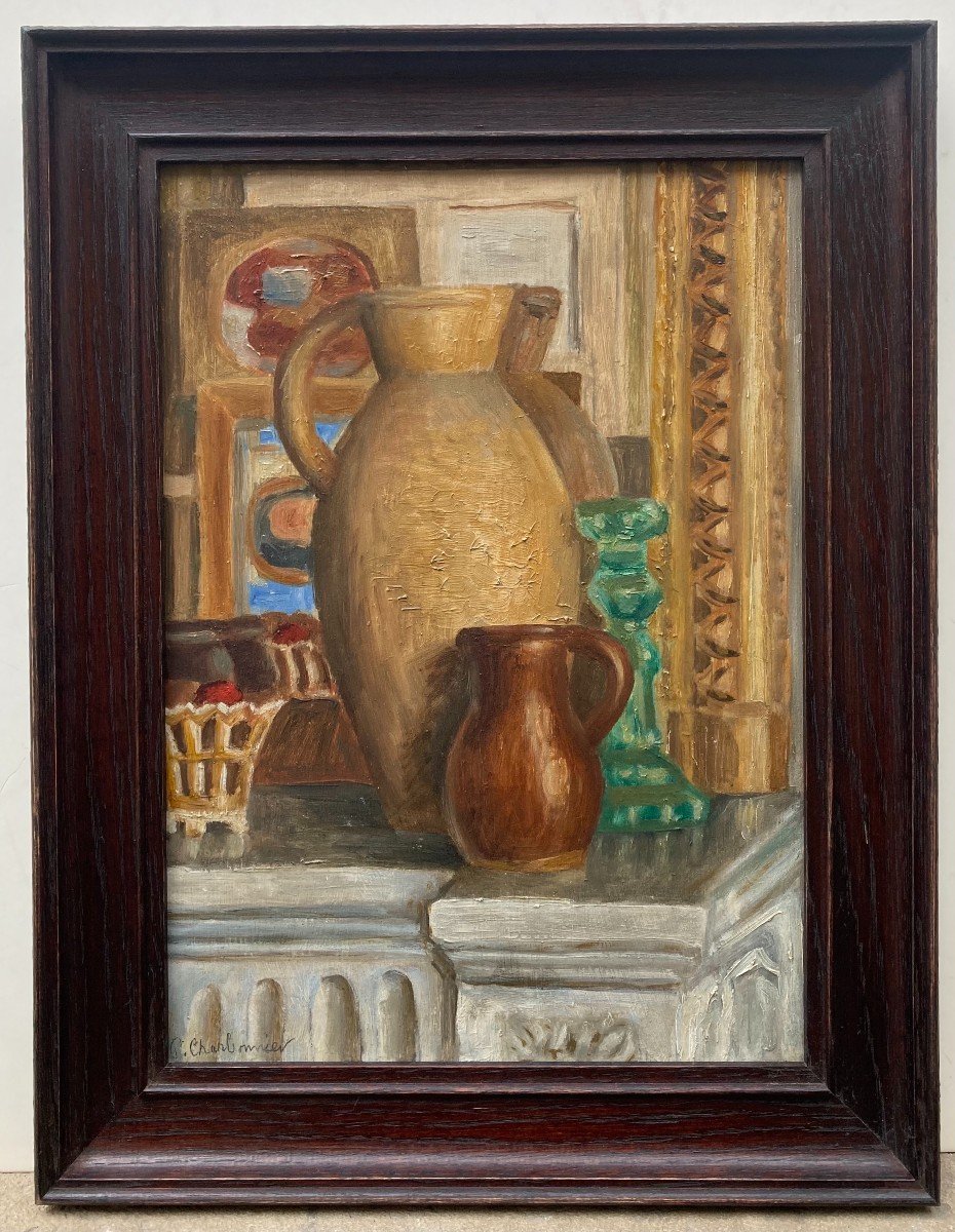 Pierre Charbonnier (1897-1978).  Int&eacute;rieur Aux C&eacute;ramiques, Vers 1920.  huile Sur Panneau.-photo-2