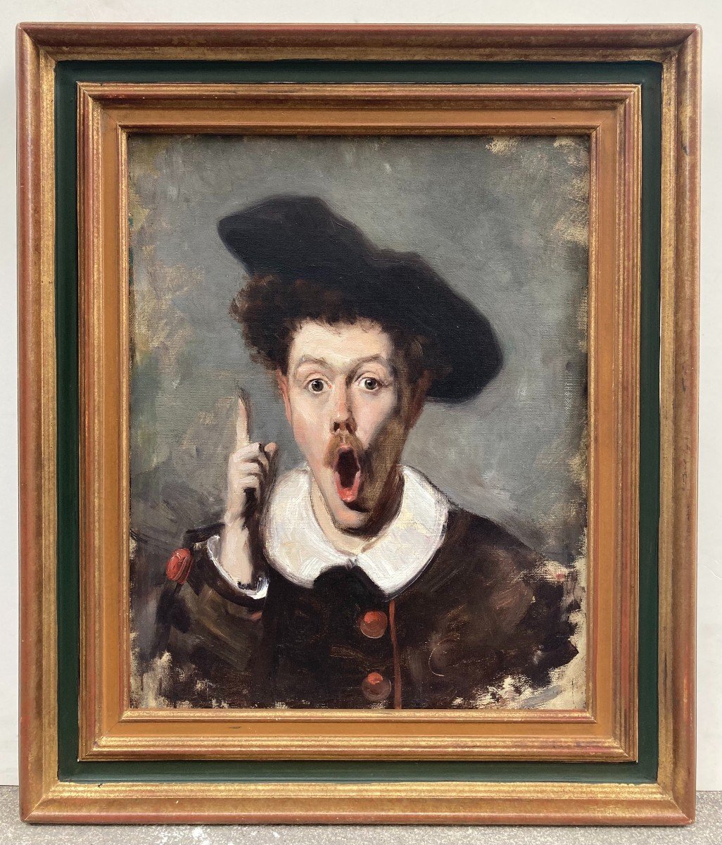 Ecole Française Vers 1900. La Surprise ou Portrait De Comédien. Huile Sur Toile.-photo-2