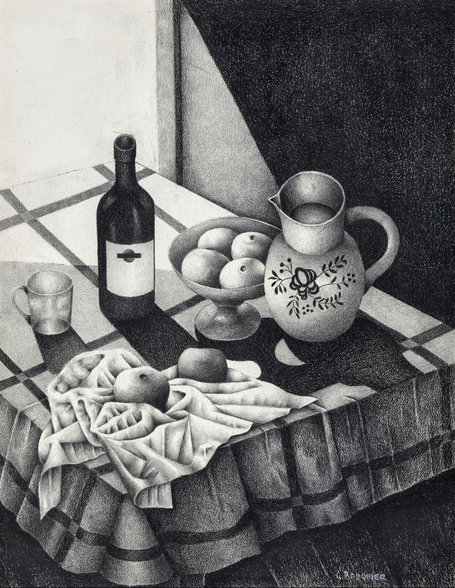 Georges Bauquier (1910-1997). Nature Morte Au Compotier, 1968. Charcoal On Paper, Signed, Titled.