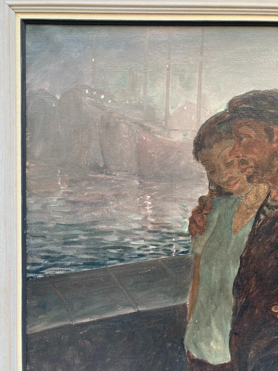 Herman Eberstein (1906-1964). Couple Walking In The Harbor. Oil On Canvas, Signed.-photo-2