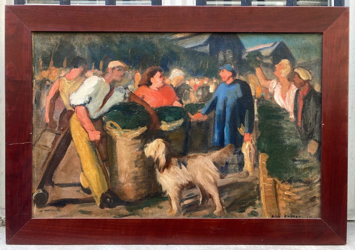 André Biry-Autret (1911-2003). Le Marché Devant Les Halles, 1941. Huile Sur Toile.-photo-2
