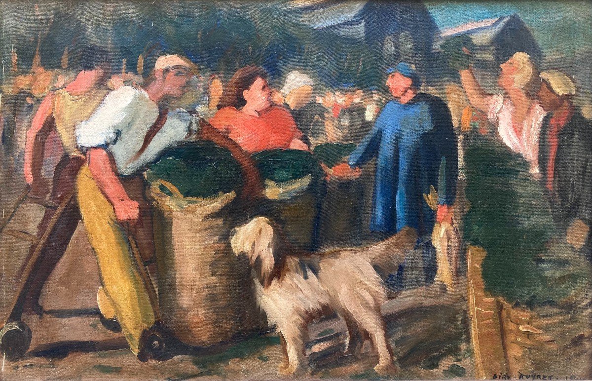André Biry-Autret (1911-2003). Le Marché Devant Les Halles, 1941. Huile Sur Toile.