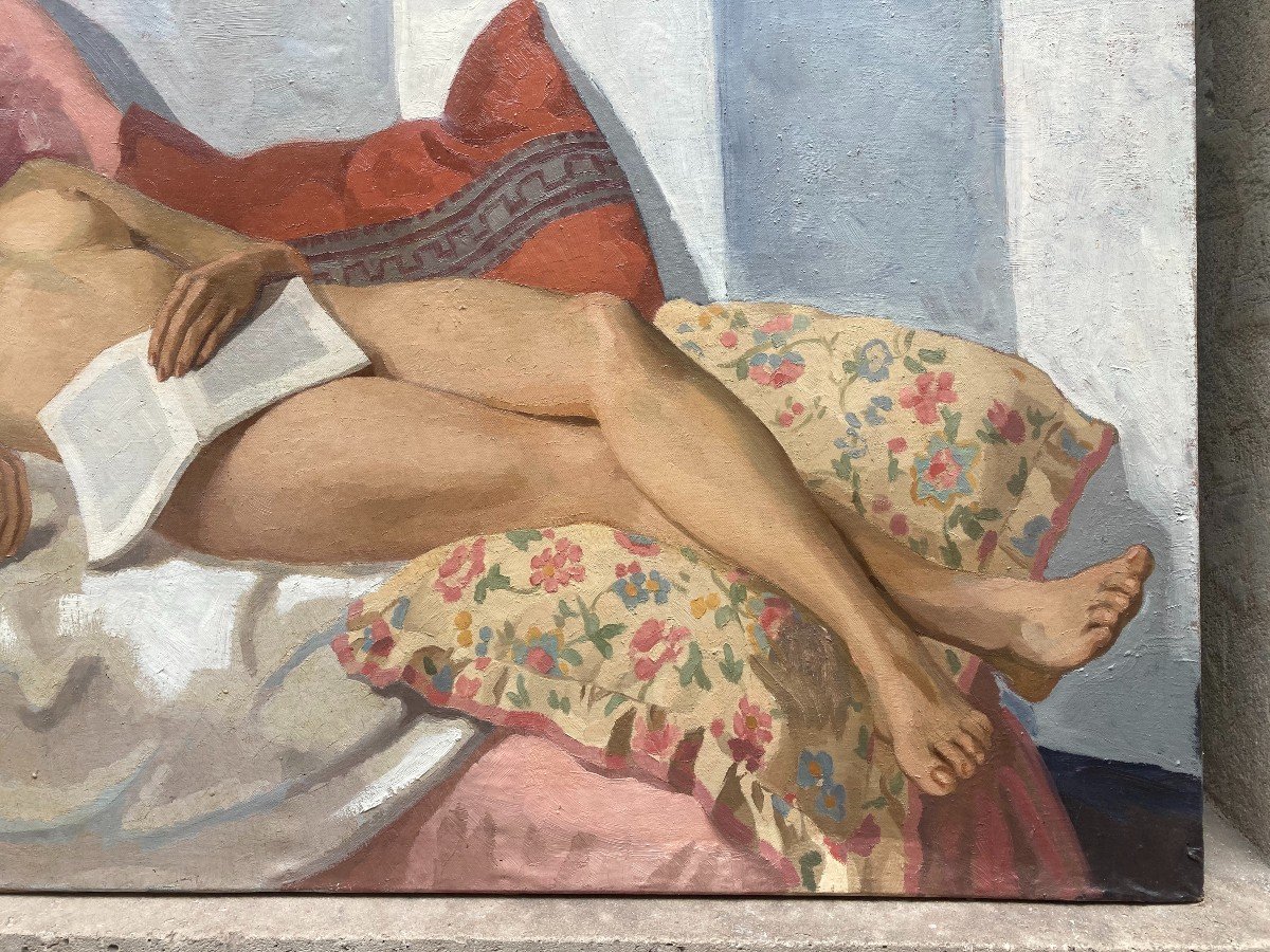 Louis-marcel Got (1920-1994). Reading Or Nu On The Sofa. Large Oil On Canvas.-photo-2