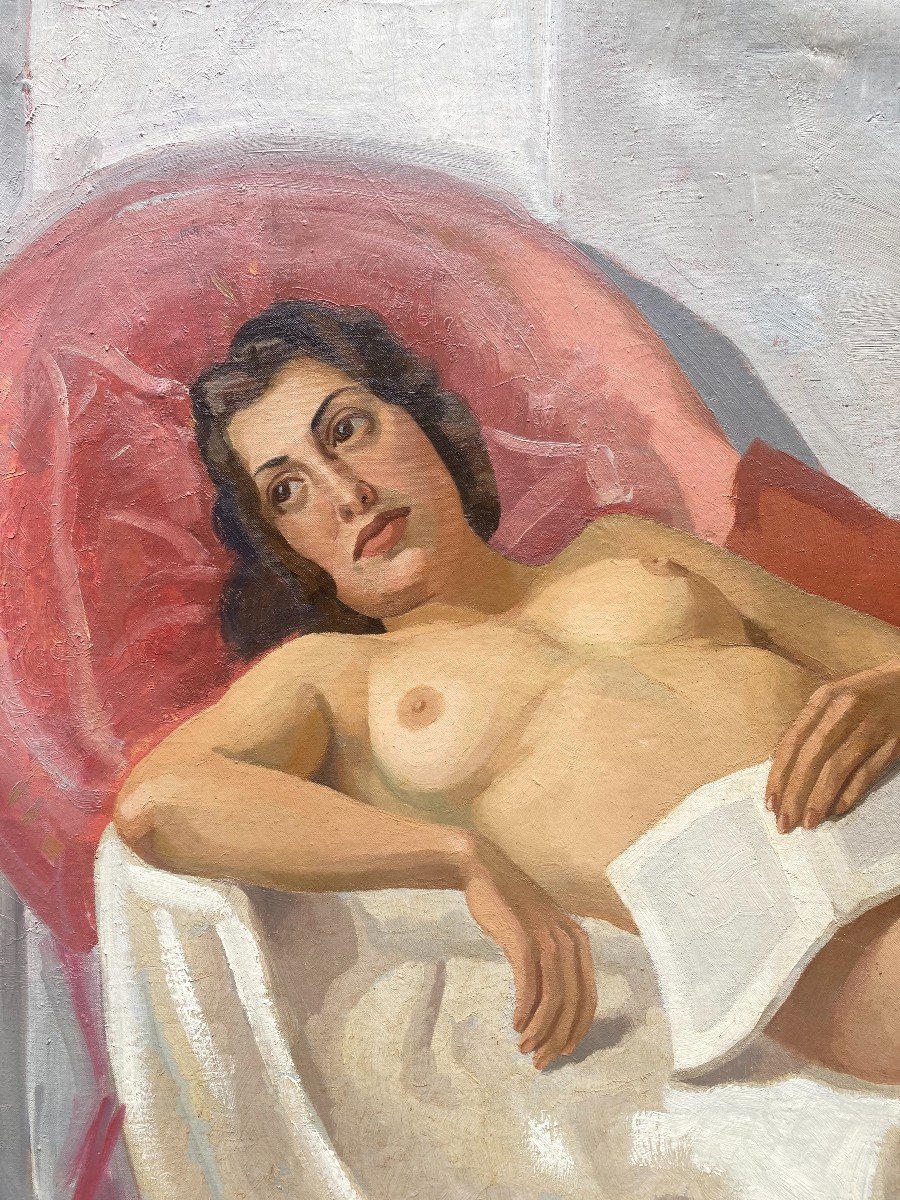 Louis-marcel Got (1920-1994). Reading Or Nu On The Sofa. Large Oil On Canvas.-photo-5