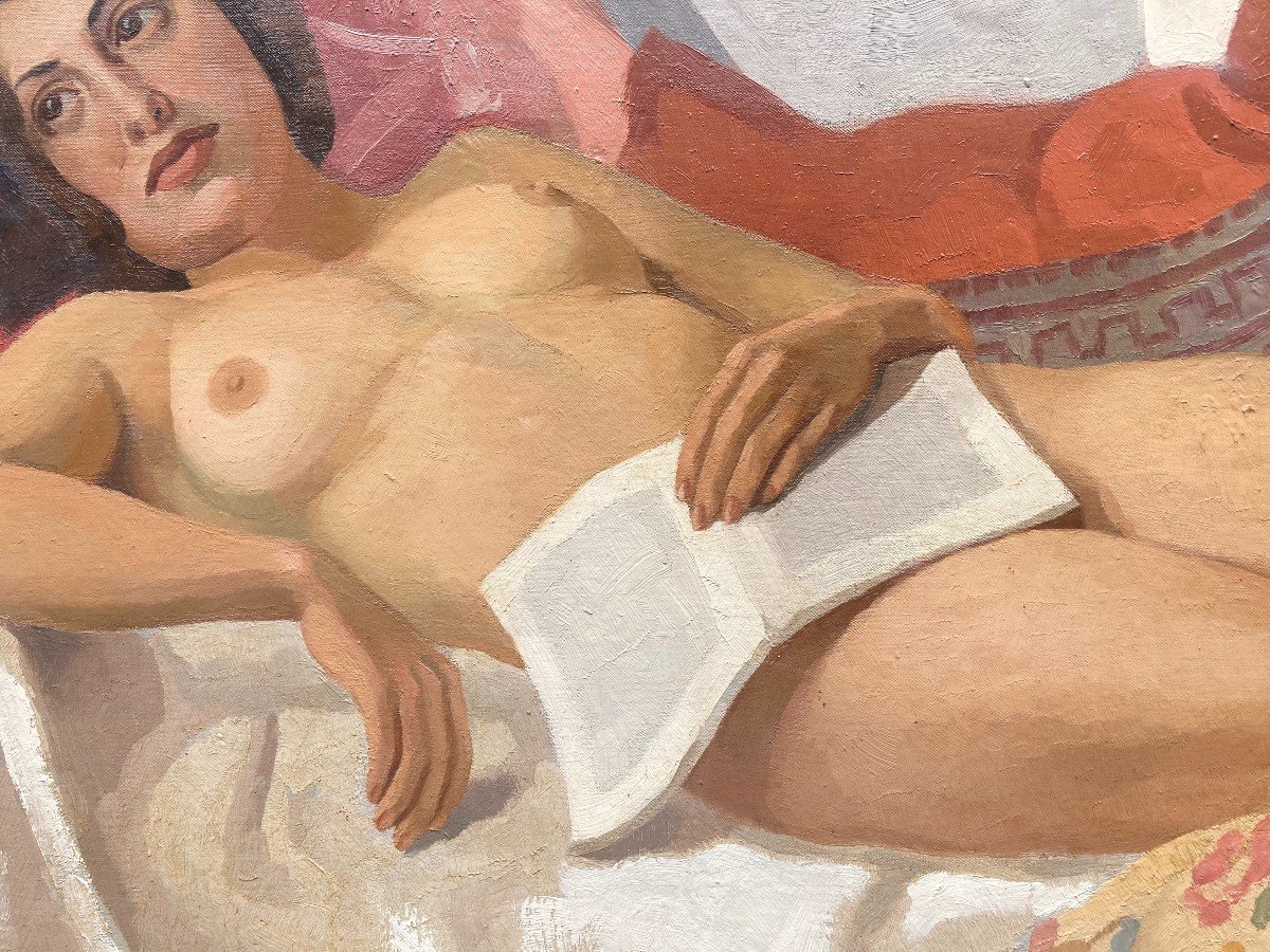 Louis-marcel Got (1920-1994). Reading Or Nu On The Sofa. Large Oil On Canvas.-photo-7
