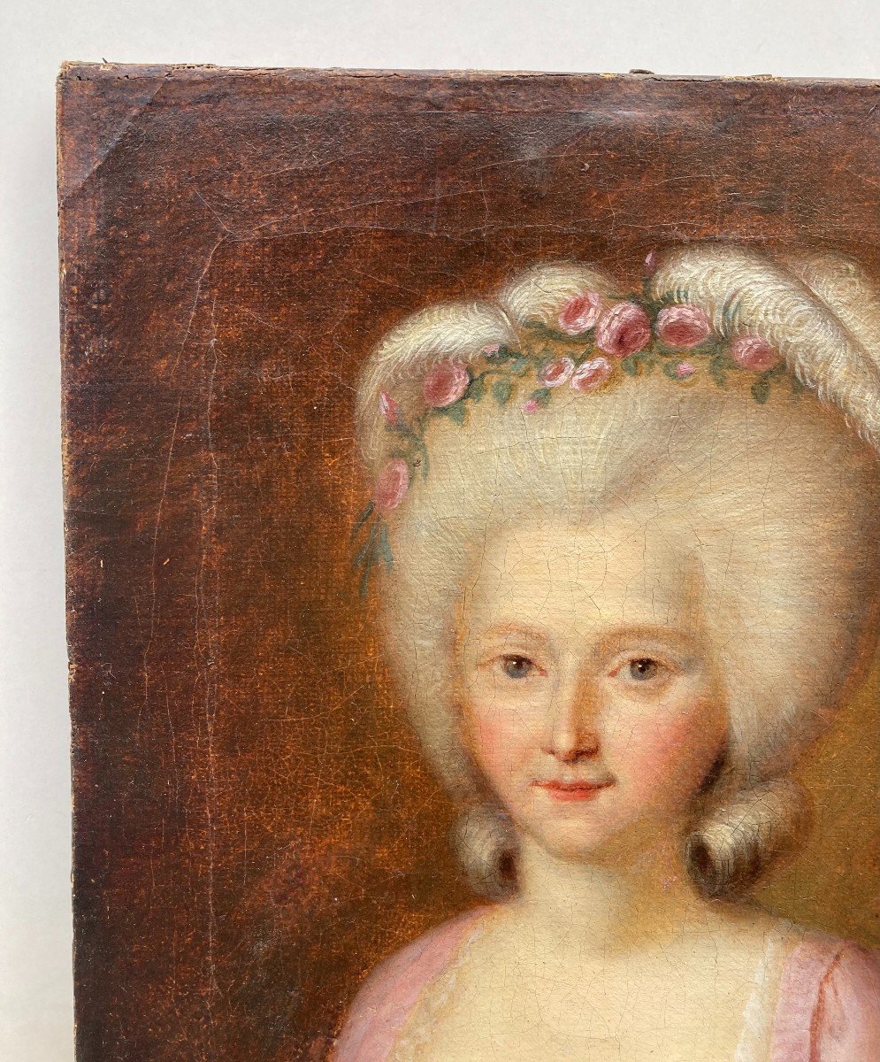 French School Of The 18th Century. Portrait Of A Woman With A Flowered Headdress. Oil On Canvas-photo-2