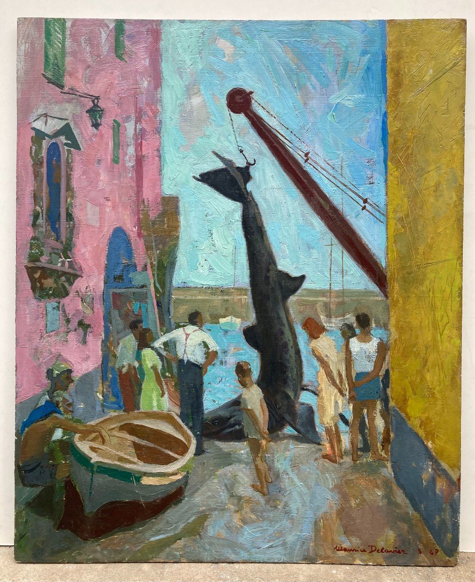 Maurice Delavier (1902-1986). Le Requin, 1947. Huile Sur Panneau, Sign&eacute;e Et Dat&eacute;e.-photo-2